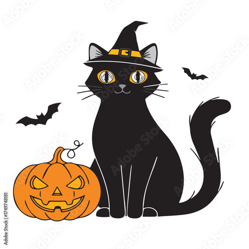 A black cat wearing a witch's hat sits next to a carved pumpkin with bats flying around.