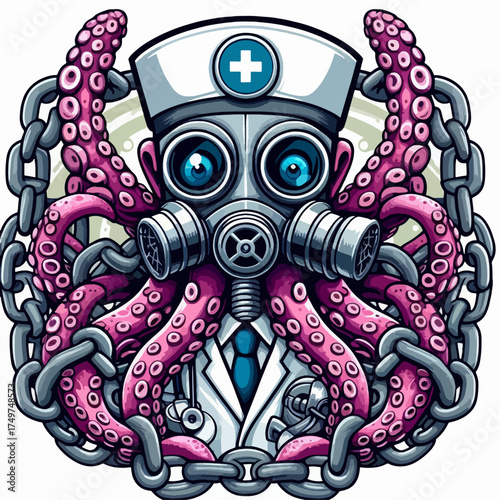 A surreal illustration of an octopus wearing a doctor's coat, gas mask, and nurse's cap, entangled in chains.