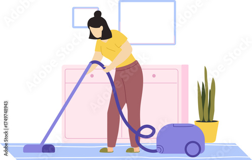 Woman vacuuming living room carpet doing housework chores