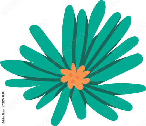 Stylized blooming teal flower with orange pistil illustration