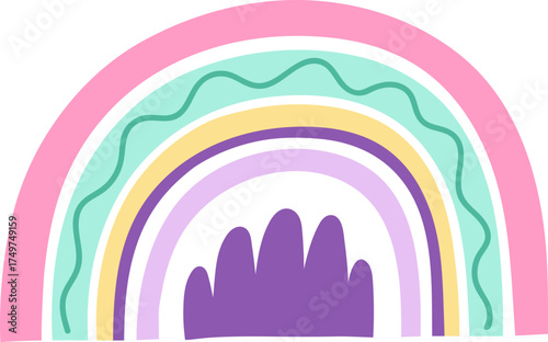 Hand drawn pastel rainbow arching with abstract cloud