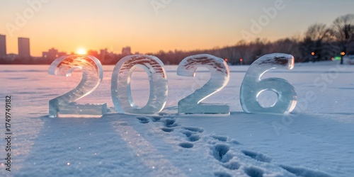 Wallpaper Mural Transparent ice sculpture of the year 2026 illuminated by golden sunset on snowy ground with city skyline background Torontodigital.ca