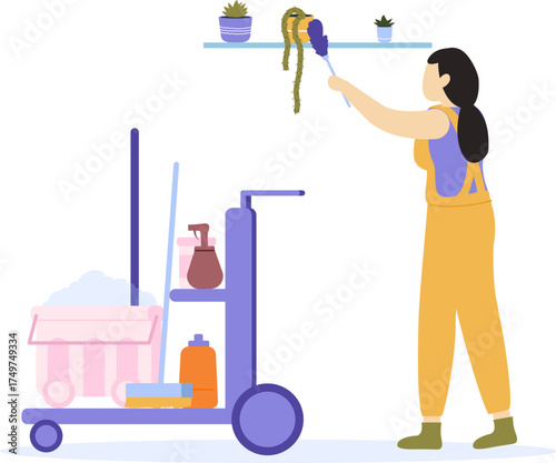 Professional cleaner dusting shelf with cleaning cart