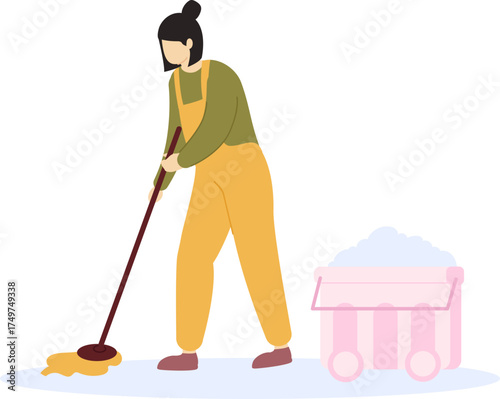 Woman cleaning floor mopping with cleaning cart