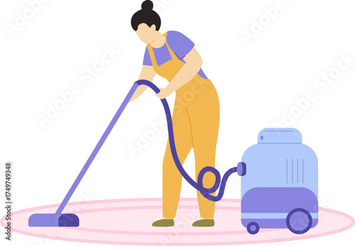 Woman cleaning rug with professional vacuum cleaner machine