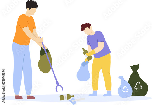 Volunteers cleaning environment picking up trash for recycling
