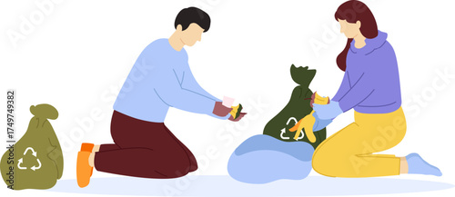 Couple sorting trash into recycling waste bags