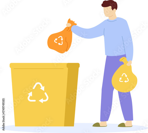 Person sorting recycling trash into a yellow bin