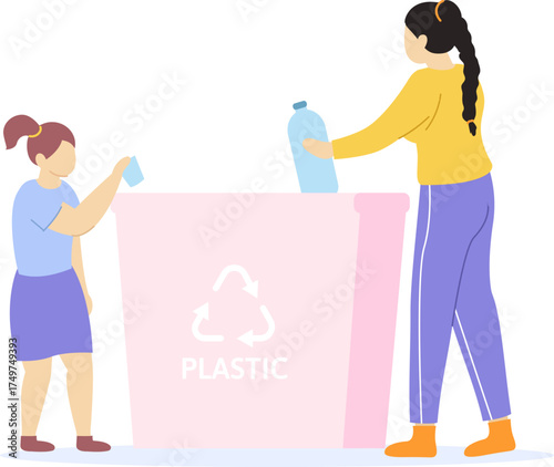 Mother and daughter recycling plastic waste together