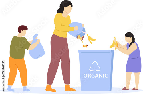 Family sorting organic waste for composting and recycling