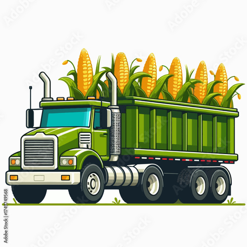A vibrant green dump truck filled to the brim with ripe yellow corn stalks and ears, ready for harvest and transport.