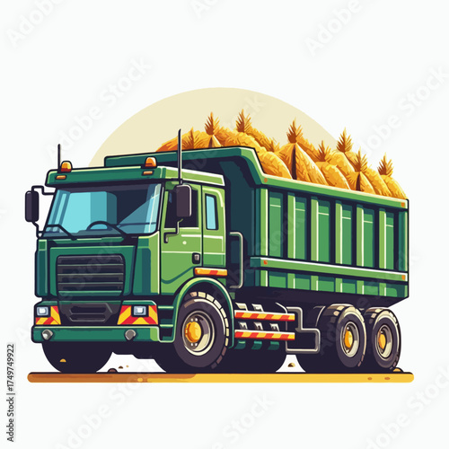 A green dump truck filled with golden corn cobs, ready for harvest transport.