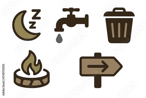 Collection of outdoor activity and campsite icons for navigation and amenities