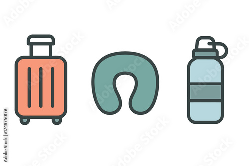 Set of essential travel accessories including suitcase neck pillow and water bottle icons