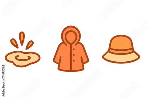 Set of icons for rainy weather gear including puddle and sun hat