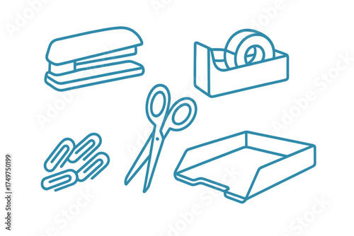 Essential office desk supplies line icons for professional organization