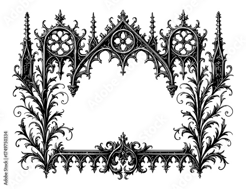 intricate gothic architectural frame with ornate arches, detailed tracery, and decorative floral patterns in vintage medieval style black and white engraving illustration