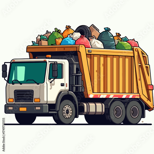 An illustration of a garbage truck overflowing with colorful trash bags and various waste items, ready for disposal.