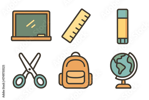 Colorful flat icons representing various school and education supplies