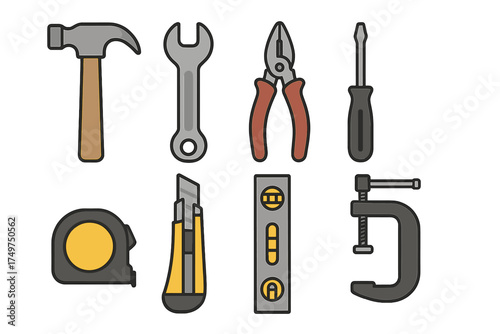 Collection of essential carpentry and construction hand tools icons