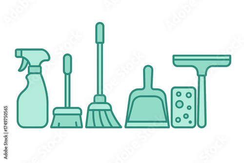 Collection of household cleaning tools icons for sweeping and washing surfaces