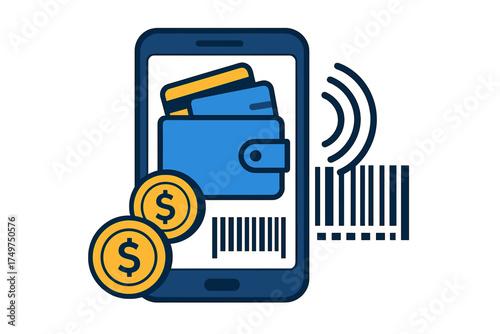 Mobile payment concept with digital wallet credit cards and barcode scanning