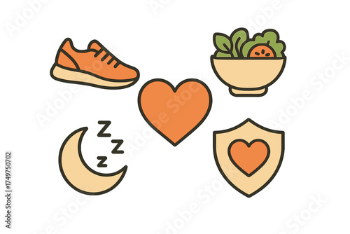 Collection of simple icons illustrating healthy lifestyle habits for wellness