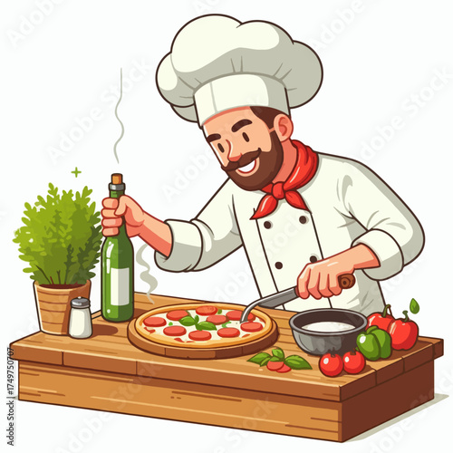 Chef preparing pizza with wine and fresh ingredients on a wooden table.