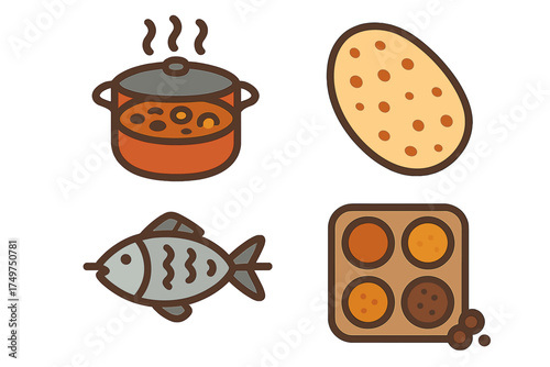 Set of cooking ingredients icons featuring stew, potato, fish, and various spices