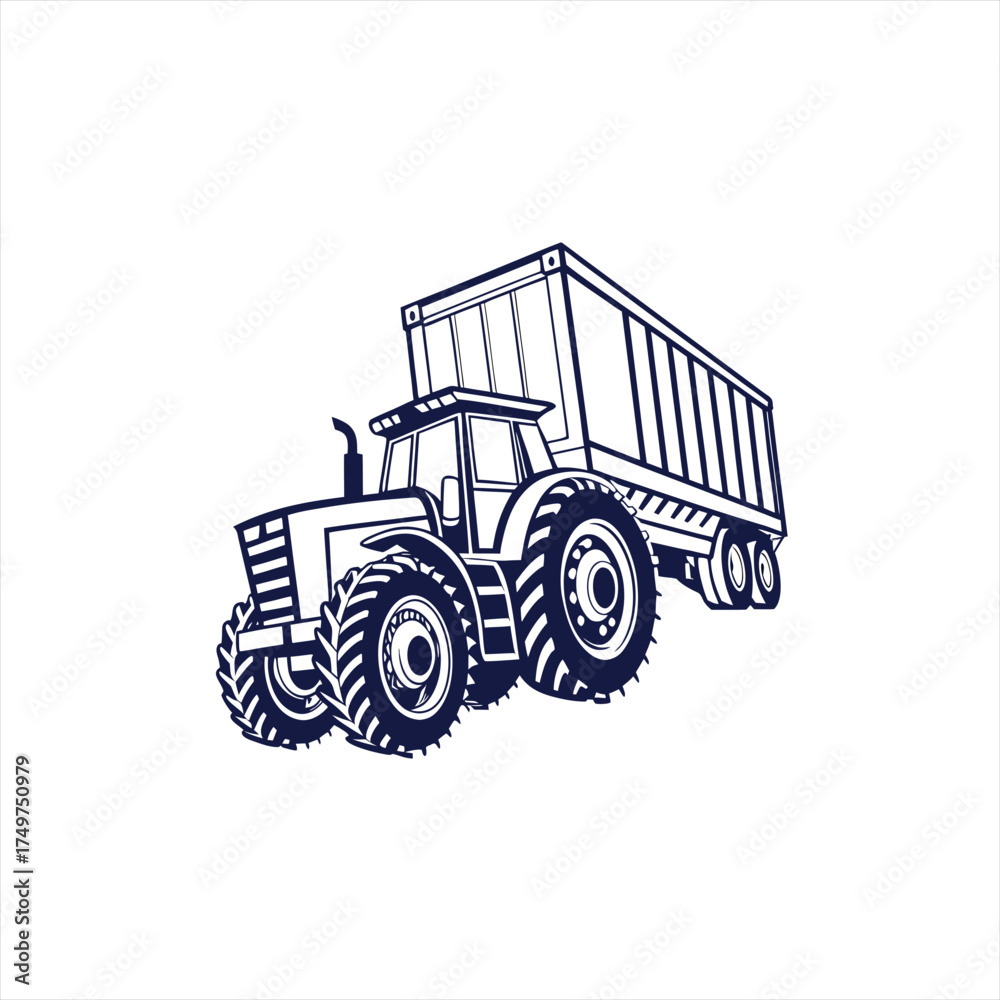 Obraz premium Stylized illustration of a blue tractor pulling a trailer
