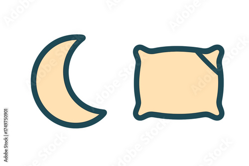 Crescent moon and soft pillow icons for sleep and rest concept