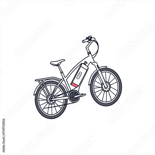 Modern electric bicycle with battery pack and rack illustration