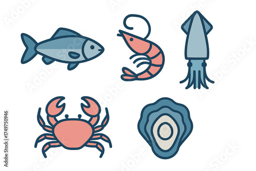 Stylized icons set of various seafood including fish shrimp crab squid and oyster