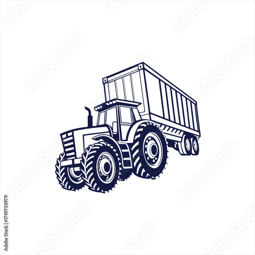 Stylized illustration of a blue tractor pulling a trailer