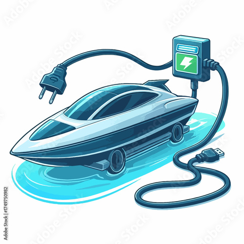 Futuristic electric amphibious vehicle charging, combining boat and car elements with a power station.
