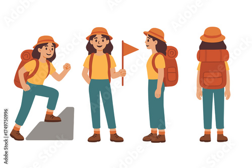 Female hiker character set with backpack and flag for trekking adventure