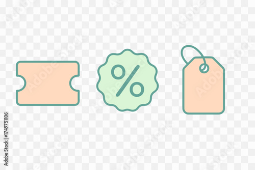 Set of discount and sale icons including coupon ticket tag and percentage symbol