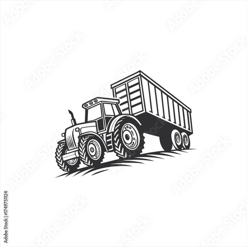 Black and white illustration of a tractor pulling a trailer