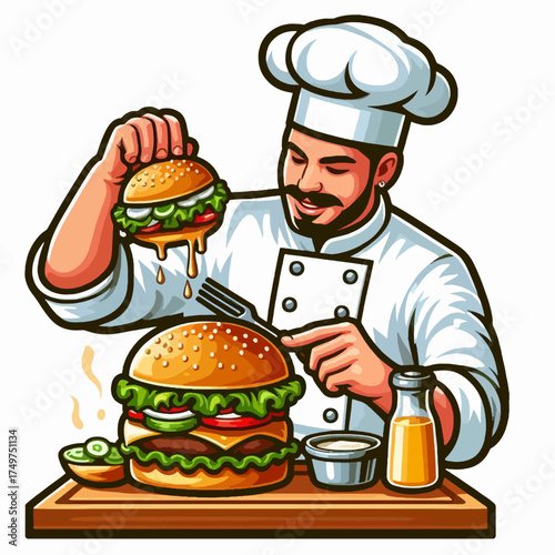 A skilled chef meticulously prepares a delicious, juicy hamburger, adding the final touches with a fork and a drizzle of sauce.