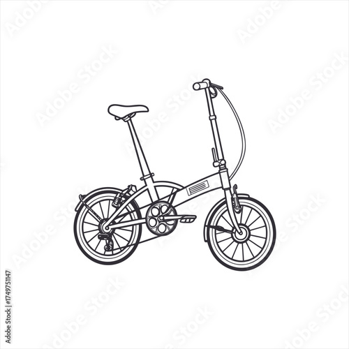 Line art illustration of a compact folding bicycle on a white background