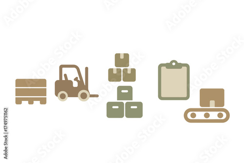 Warehouse logistics icons set featuring forklift and conveyor belt