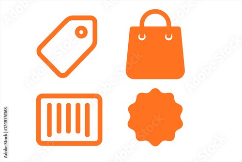 Set of orange outline commerce icons featuring price tag shopping bag barcode and badge