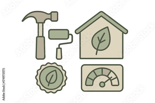 Eco friendly home improvement and sustainability icons set