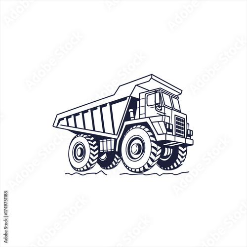 Outline illustration of a large mining dump truck on white background