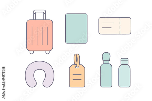 Set of essential travel accessories icons featuring suitcase and passport