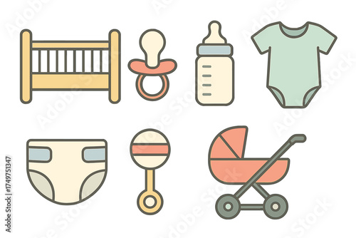 Essential baby care items icons collection for infant needs