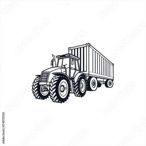 Line art drawing of a modern tractor pulling a large trailer