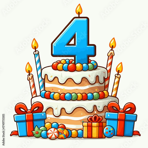 A festive two-tiered birthday cake adorned with colorful candies and lit candles, celebrating a 4th birthday, surrounded by gift boxes.