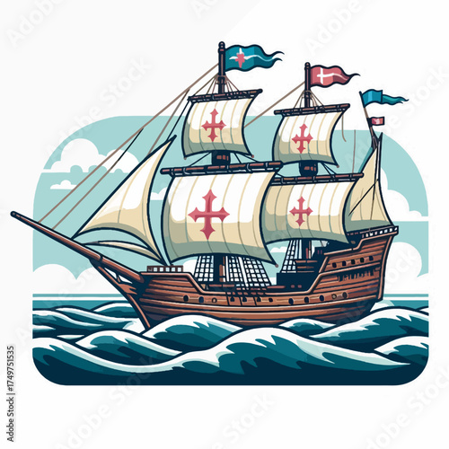 A majestic historical sailing ship with red crosses on its sails navigates through choppy blue waters under a cloudy sky.
