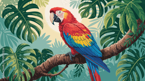 A vibrant macaw perched on a branch surrounded by lush tropical foliage in a colorful illustration
